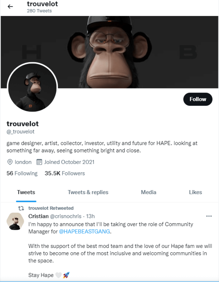 Página do Twitter do co-fundador do HAPEBEAST
